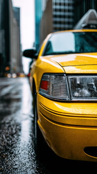 A close up of a yellow taxi cab on a wet street photo