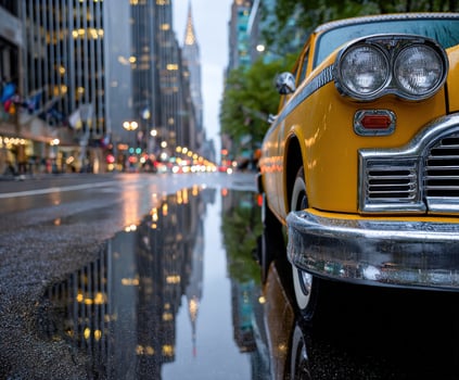 A yellow taxi cab is parked on a wet street photo