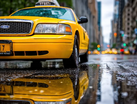 Yellow taxi cab on wet street photo