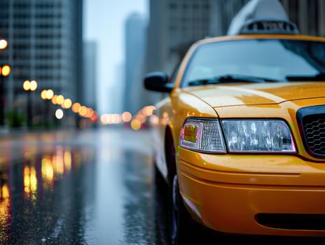 A yellow taxi cab on a wet street photo