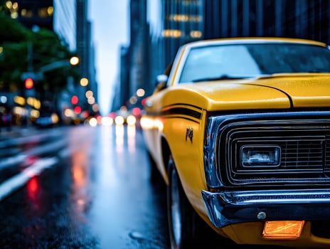 A yellow car is parked on a wet street photo