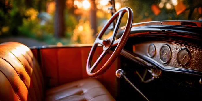 An old car with a steering wheel and dashboard photo