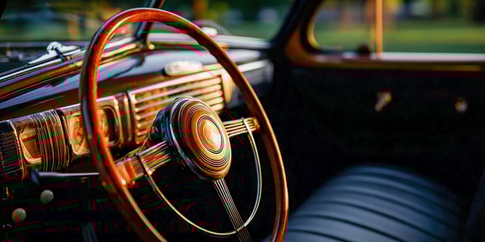 A steering wheel and dashboard in a vintage car photo