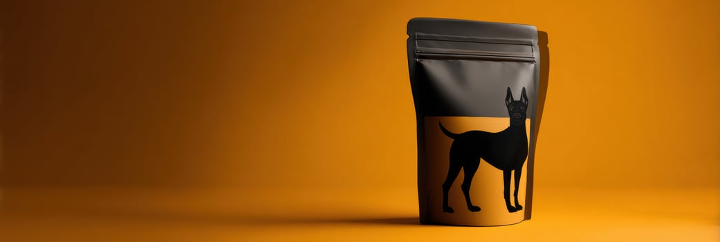 Sleek Pouch Packaging Design Mockup Featuring a Dog Silhouette Against a Faded Background Showcasing Its Modern Aesthetic photo
