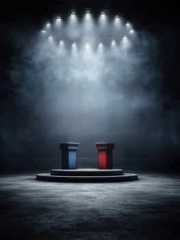 Empty Political Debate Stage Illuminated by Spotlight With Smoke in the Background, Setting the Tone for Future Discussions and Confrontations photo