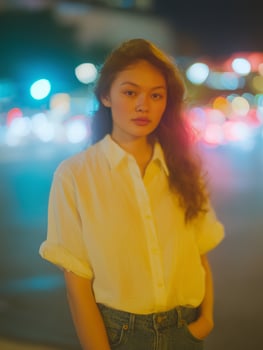 Young Woman Portrait with Blurred City Lights at Night. photo