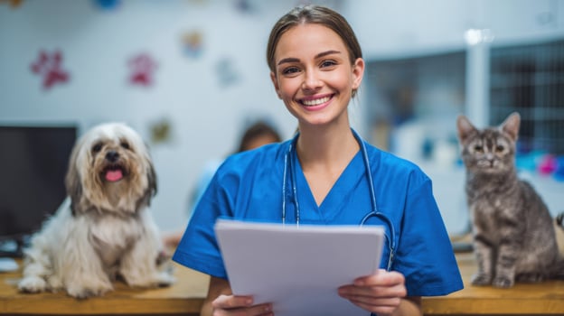 Young Veterinary Professional Reviewing Patient Files at an Animal Clinic With Pets Nearby photo