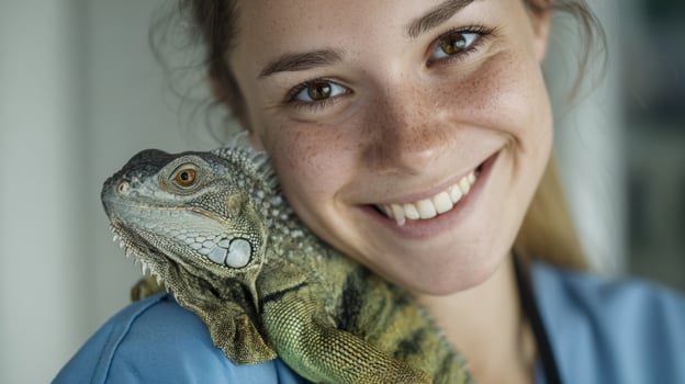 Smiling Vet Assistant Cares for an Iguana on Her Shoulder in a Softly Lit Environment at a Veterinary Clinic photo