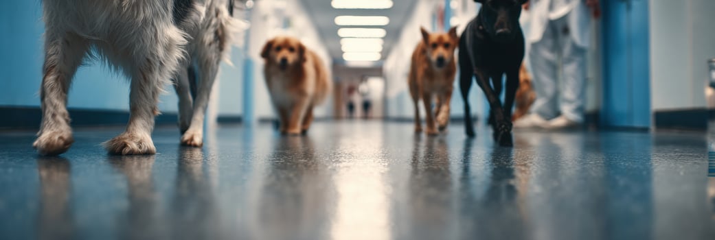 Calm Pets Walking Through Soft-Focus Veterinary Hallway at an Animal Care Facility photo