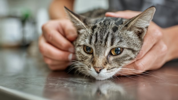 Vet Interacts With Nervous Cat by Offering a Treat on a Metal Examination Table in a Clinic During a Check-Up Session photo