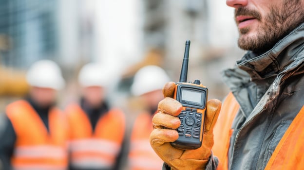 Teamwork in Action With a Man Using a Walkie-Talkie in a Construction Environment During Collaborative Project Planning photo