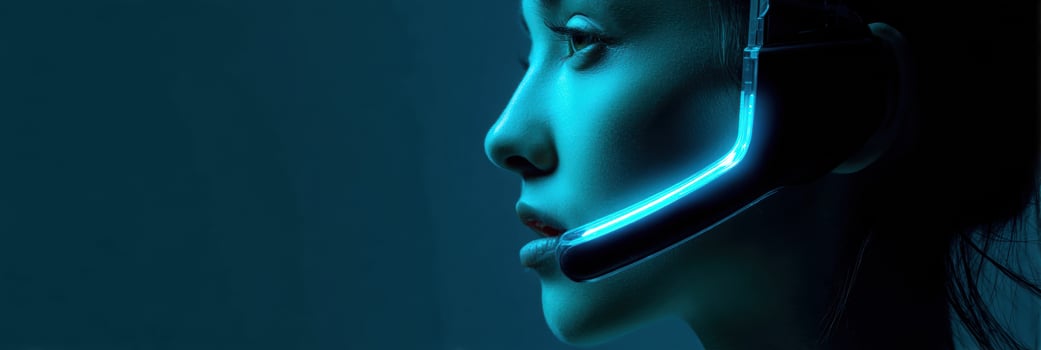 Real-time Translation Headset in Use While a Person Listens Attentively in a Minimalistic Setting During an Evening Event photo