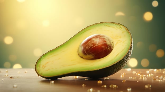 Half avocado with vibrant green flesh and a brown pit. photo