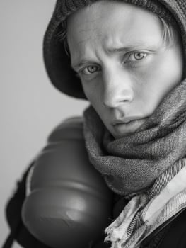 Person Sitting With Hot Pack and Scarf, Showing Fatigue in a Minimalist Indoor Space During a Cold Day photo