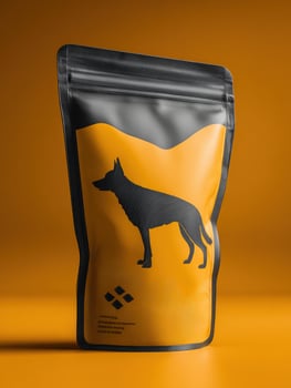 Sleek Pouch Packaging Design Mockup Featuring a Dog Silhouette Against a Faded Background in a Warm Color Palette photo
