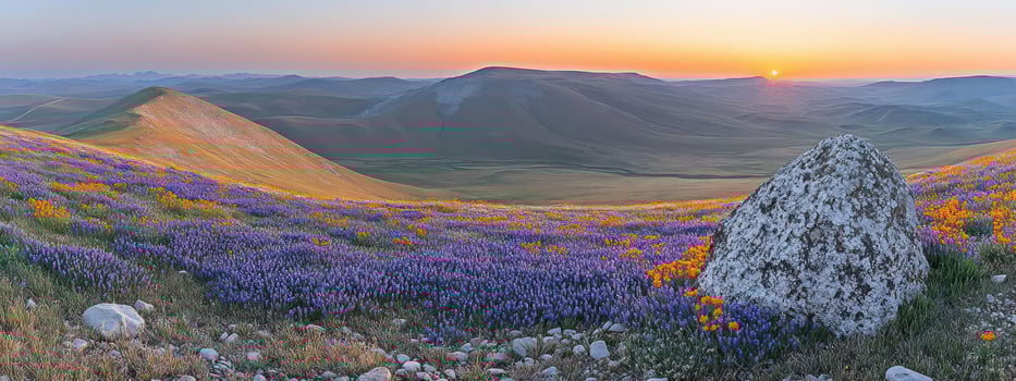 Wildflower meadow at sunset, peaceful landscape, vibrant colors. photo