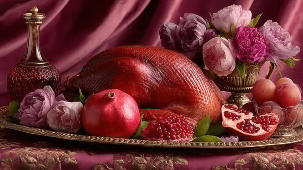 Holiday feast with pomegranate, flowers, and roasted turkey. photo