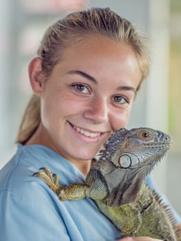 Smiling Vet Assistant Holding an Iguana on Her Shoulder in a Light Background at an Animal Clinic photo