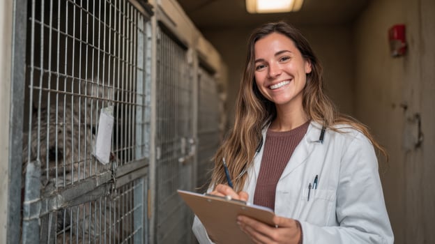 Smiling Veterinarian Checks Animal Health With Clipboard in Bright Animal Care Facility photo