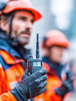 Man Communicates With Walkie-Talkie During Teamwork Activity in a High-Stakes Environment Showing a Sense of Urgency and Collaboration photo