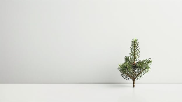 A festive green Christmas fir tree stands adorned with decorations in a room, with branches on a wooden background and floor, evoking the winter holiday season photo