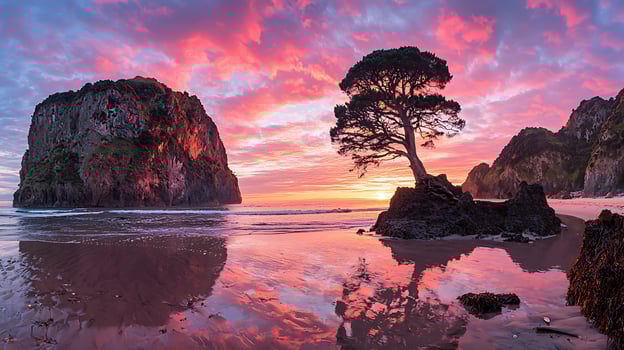 Serene Coastal Sunset Lone Tree on Pink-hued Beach. photo