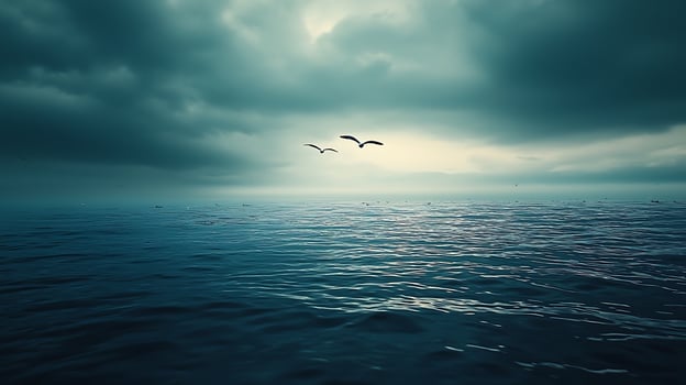 Serene Ocean Landscape Two Birds in Flight Under a Dramatic Sky. photo