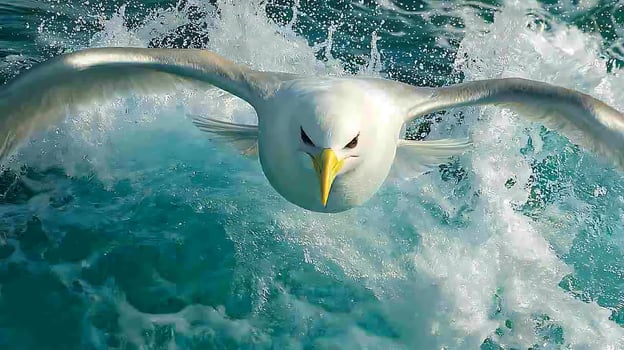 Majestic Albatross Soaring Through Ocean Waves. A powerful image of a large seabird in flight, captured in a dynamic moment. photo