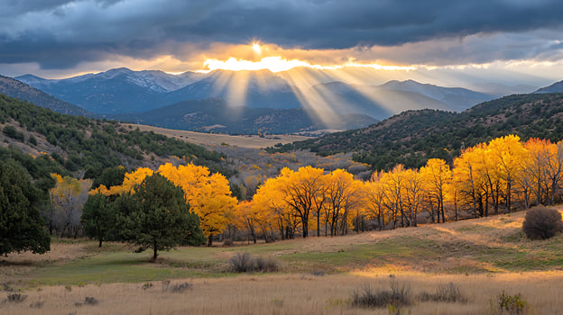 Majestic Mountain Sunset with Golden Autumn Trees. Crepuscular rays illuminate a valley landscape in vibrant fall colors. photo
