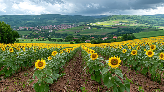 Sunflowers in a Rolling Hill Landscape A Vibrant Rural Scene. photo