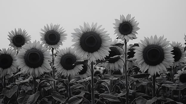 Monochromatic Sunflowers A Field of Black and White Blooms. photo