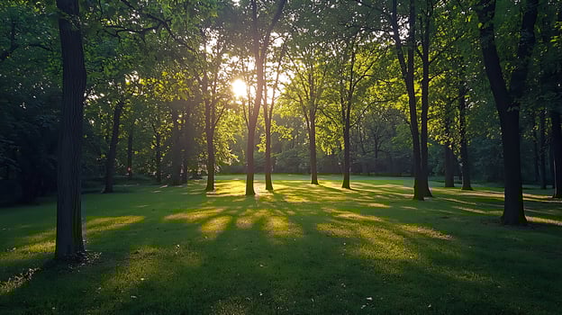 Sunlit Forest Clearing Golden Hour in a Lush Green Grove. photo