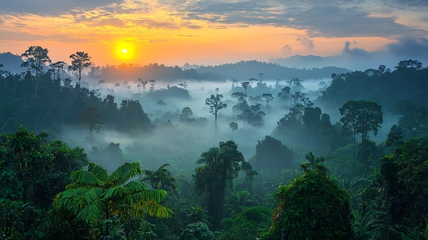 Tropical Rainforest Sunrise Misty Mountains and Lush Greenery at Dawn. photo