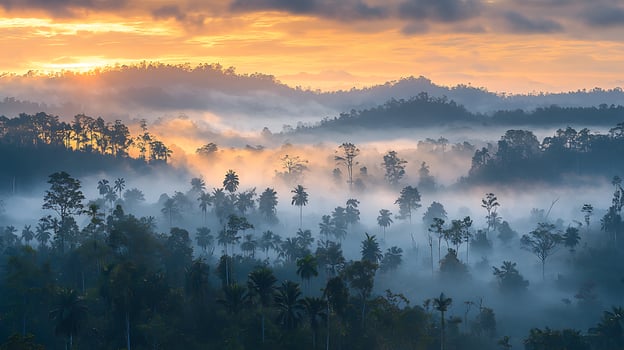 Misty Sunrise over Tropical Rainforest Landscape. A breathtaking panorama of a tropical jungle shrouded in mist at dawn. photo