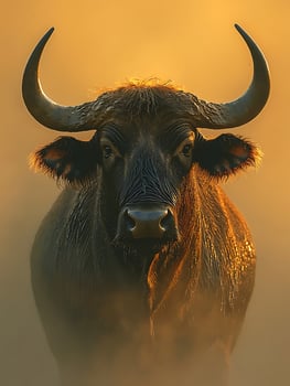 Majestic Water Buffalo at Golden Hour A Powerful Portrait of Wildlife. photo