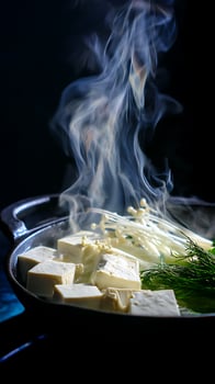 Steaming Tofu and Enoki Mushrooms in a Dark Pan, Close Up Food Photography. photo