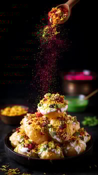 Close Up of Dahi Puri, a Popular Indian Street Food, with Spices Falling. photo