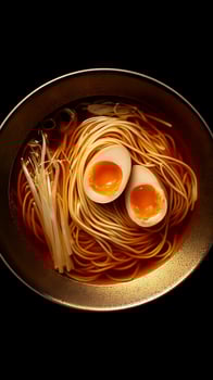 Delicious Ramen Noodles in a Rich Broth with Soft Boiled Eggs. photo