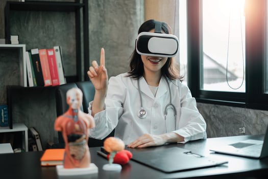 A female doctor explores virtual reality technology in a modern medical office, showcasing innovative healthcare solutions. photo