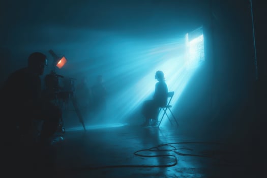 A man sitting in a chair in a dark room photo