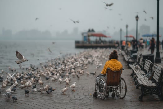 A woman in a wheelchair is surrounded by birds photo
