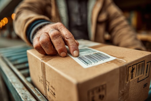 A man is holding a box with a barcode on it photo