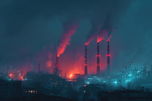Industrial factory with smoke stacks and red lights photo