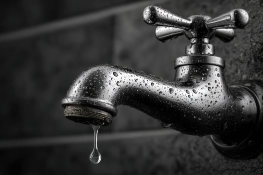 A black and white photo of a water dripping faucet