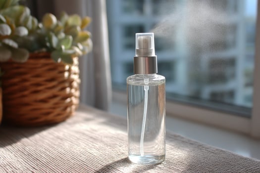 A bottle of air freshener sitting on a table next to a window photo