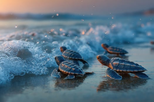 Baby sea turtles on the beach at sunset photo