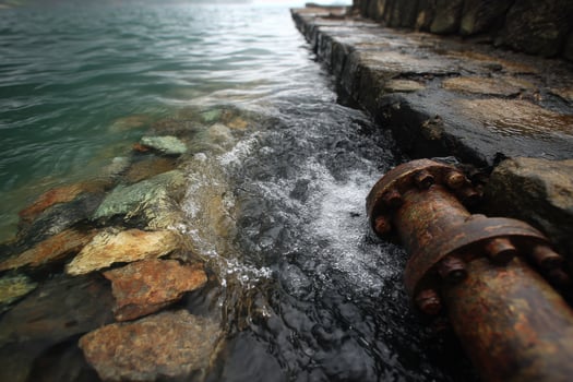 A pipe that is in the water near rocks photo