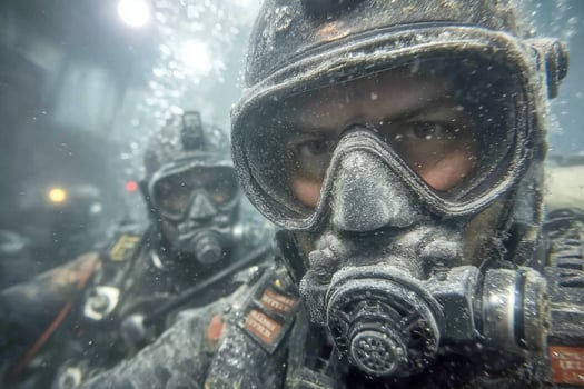 Two men in diving gear are underwater photo