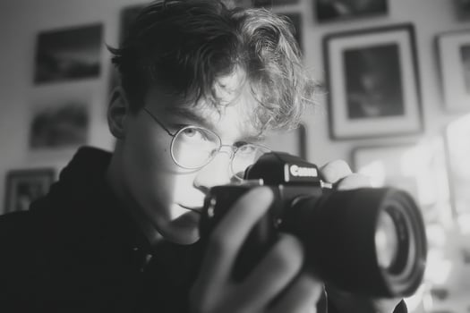 A young man with glasses taking a photo with a camera