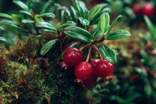 A close up of red berries on a mossy plant photo